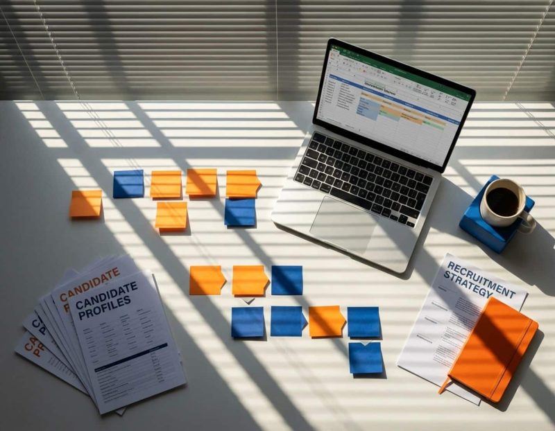 moderne werkplek van bovenaf met laptop, wervingsdocumenten en kleurige notities op wit bureau met geometrische schaduwen