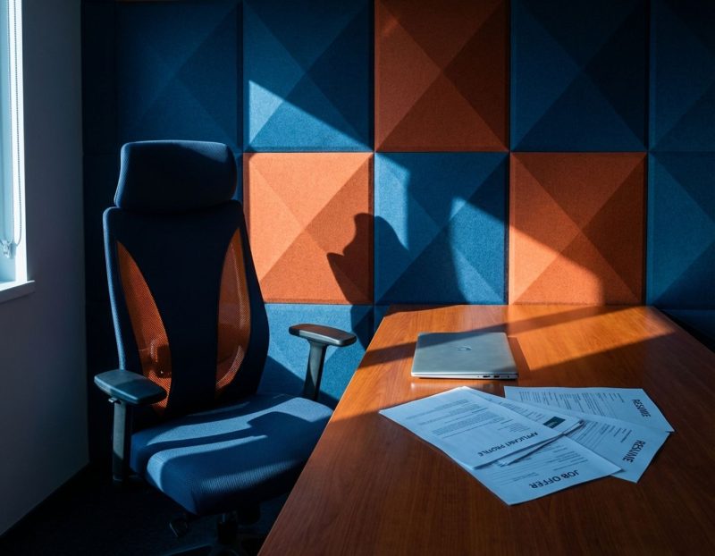 lege moderne bureaustoel aan bureau met laptop en wervingsdocumenten, dramatische blauwe en oranje verlichting