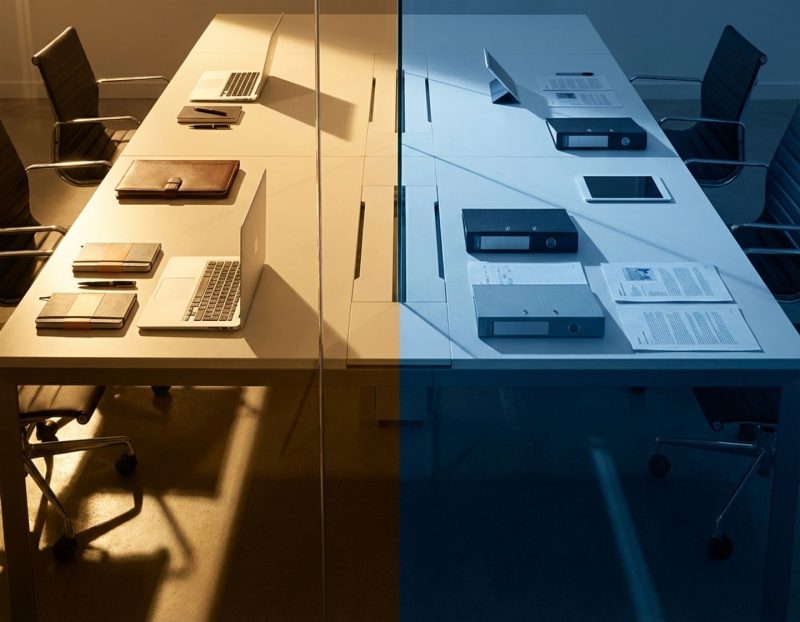 moderne kantoorruimte met glazen wand die dure recruitmentbureau-tools en goedkope interne wervingsmateriaal scheidt