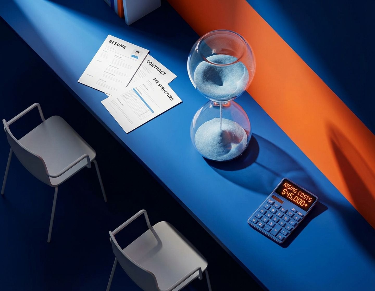 zandloper met stilstaand zand op modern bureau omringd door wervingsdocumenten en rekenmachine, bovenaanzicht