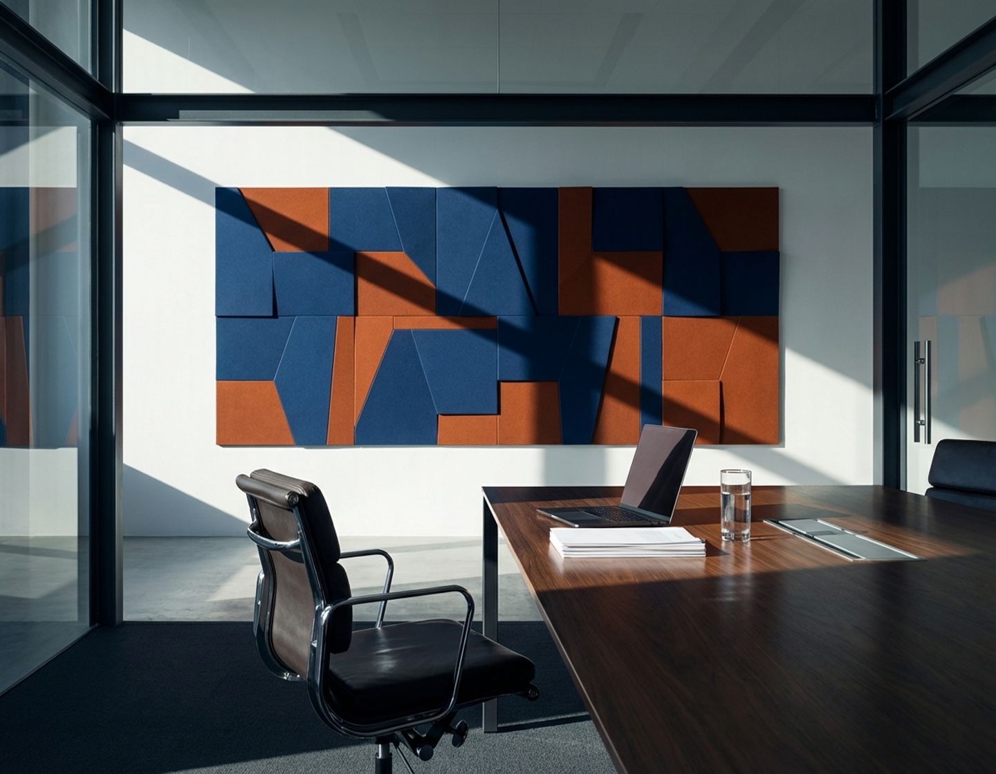 lege conferentiestoel aan vergadertafel in modern kantoor met dramatische verlichting en geometrische vormen