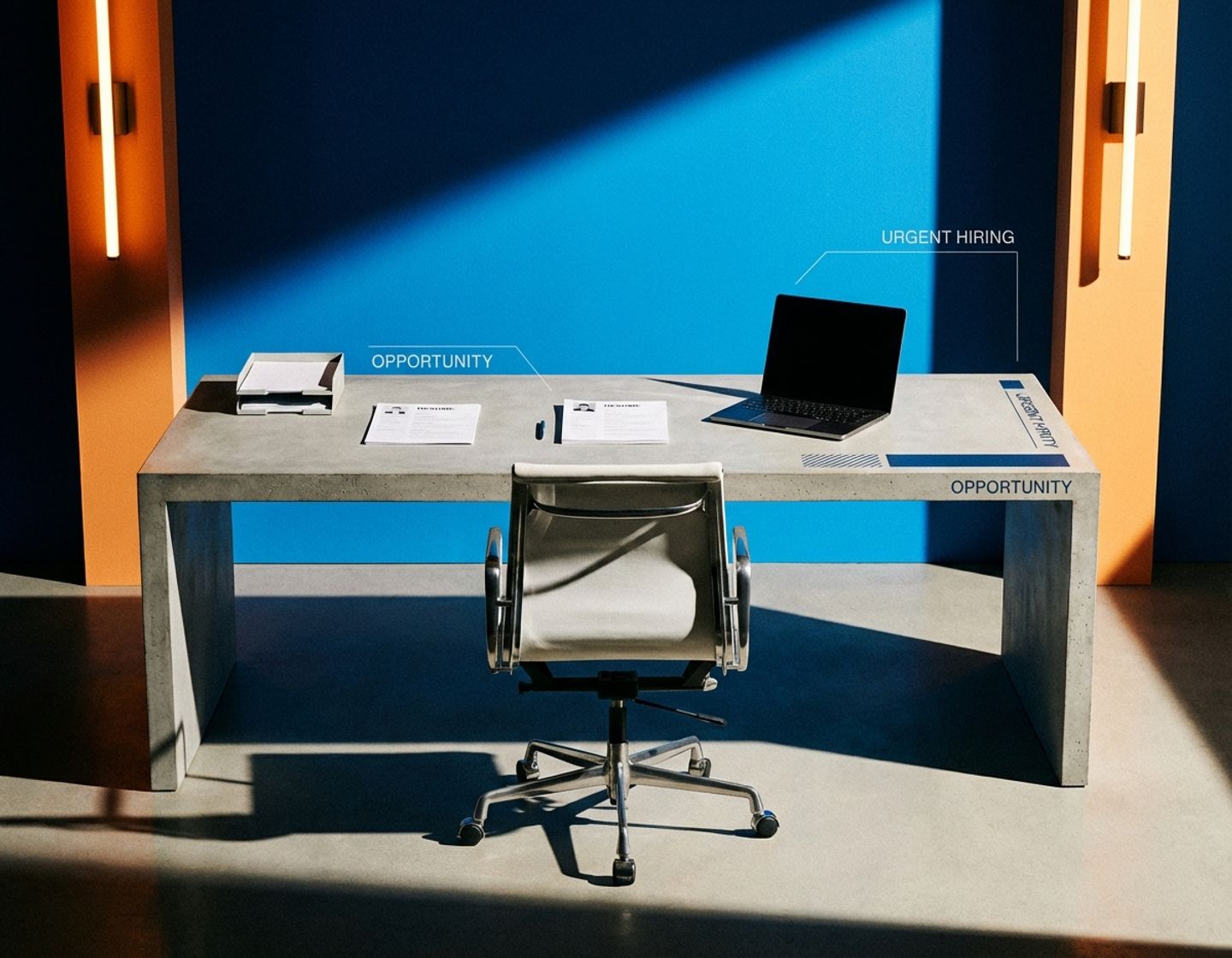 lege bureaustoel aan moderne werkplek met laptop en cv's, dramatische blauw-oranje verlichting voor recruitment