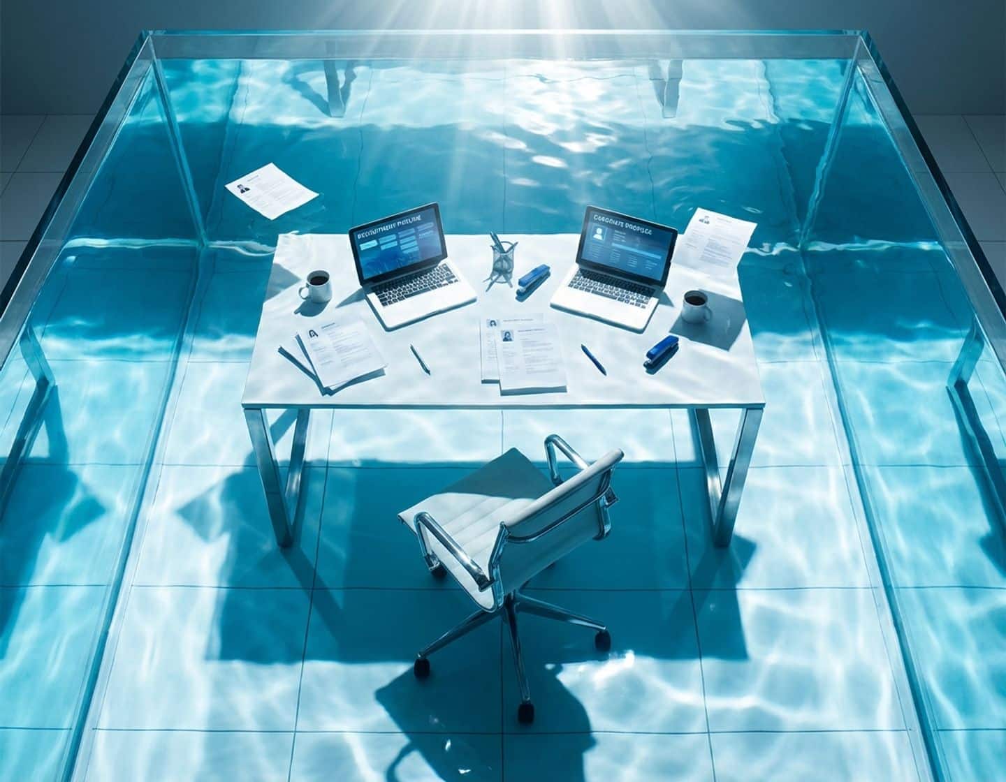 modern kantoorbureau ondergedompeld in helder blauw water met cv's en laptops die zweven, dramatische belichting
