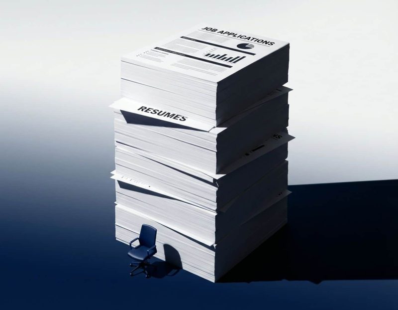 enorme stapel cv's en sollicitatiebrieven torenen boven kleine bureaustoel uit, symboliseert wervingsuitdagingen