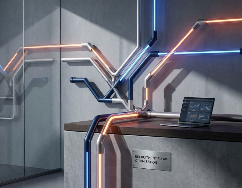 moderne pijplijn visualisatie met geometrische buizen in blauw en oranje, symboliseert recruitment flow optimalisatie
