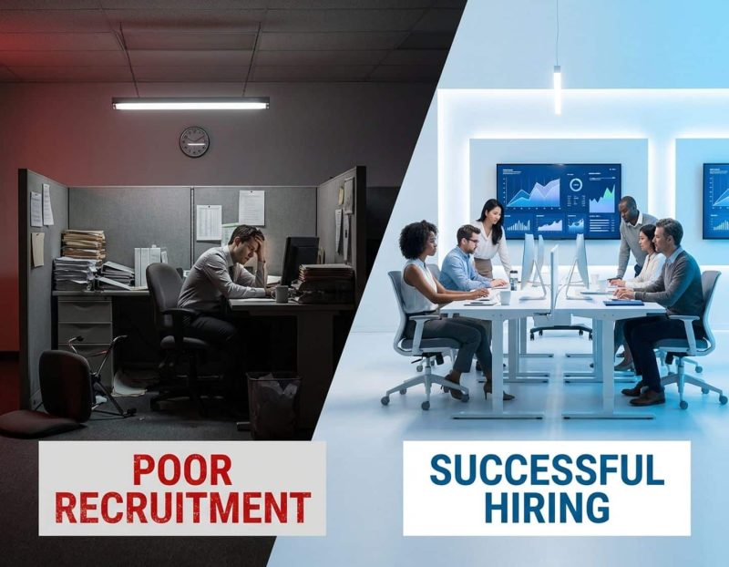 gesplitst scherm toont chaotische kantoorruimte versus moderne werkplek, contrast tussen slechte en succesvolle recruitment