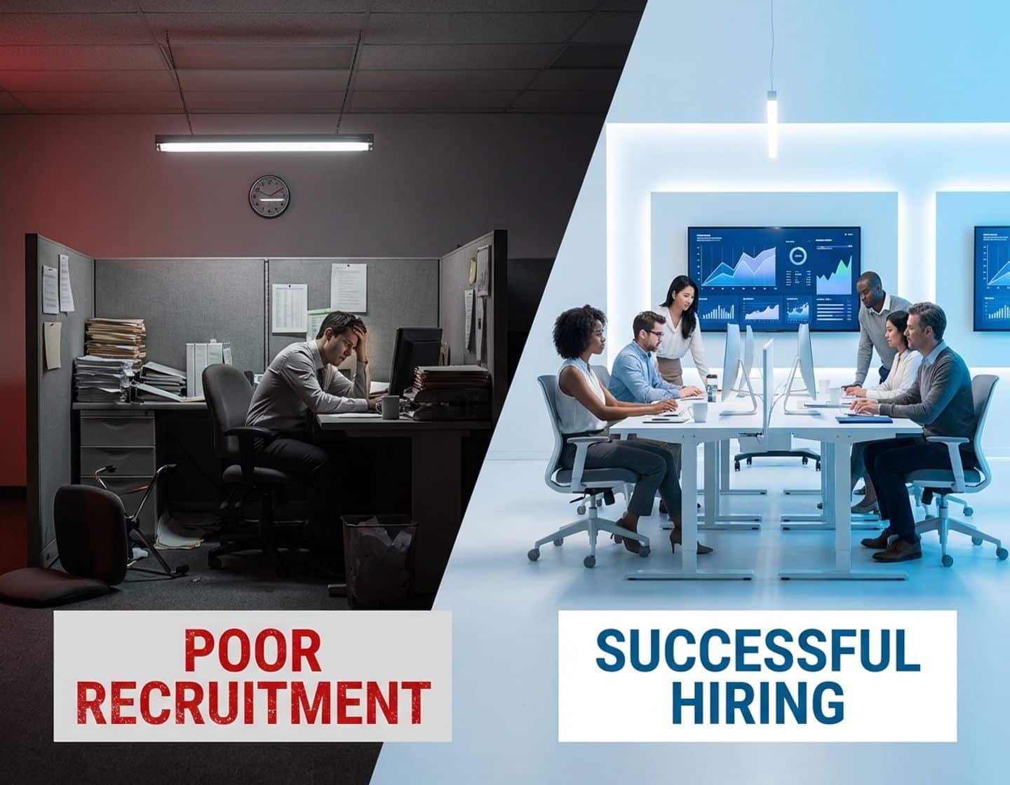 gesplitst scherm toont chaotische kantoorruimte versus moderne werkplek, contrast tussen slechte en succesvolle recruitment