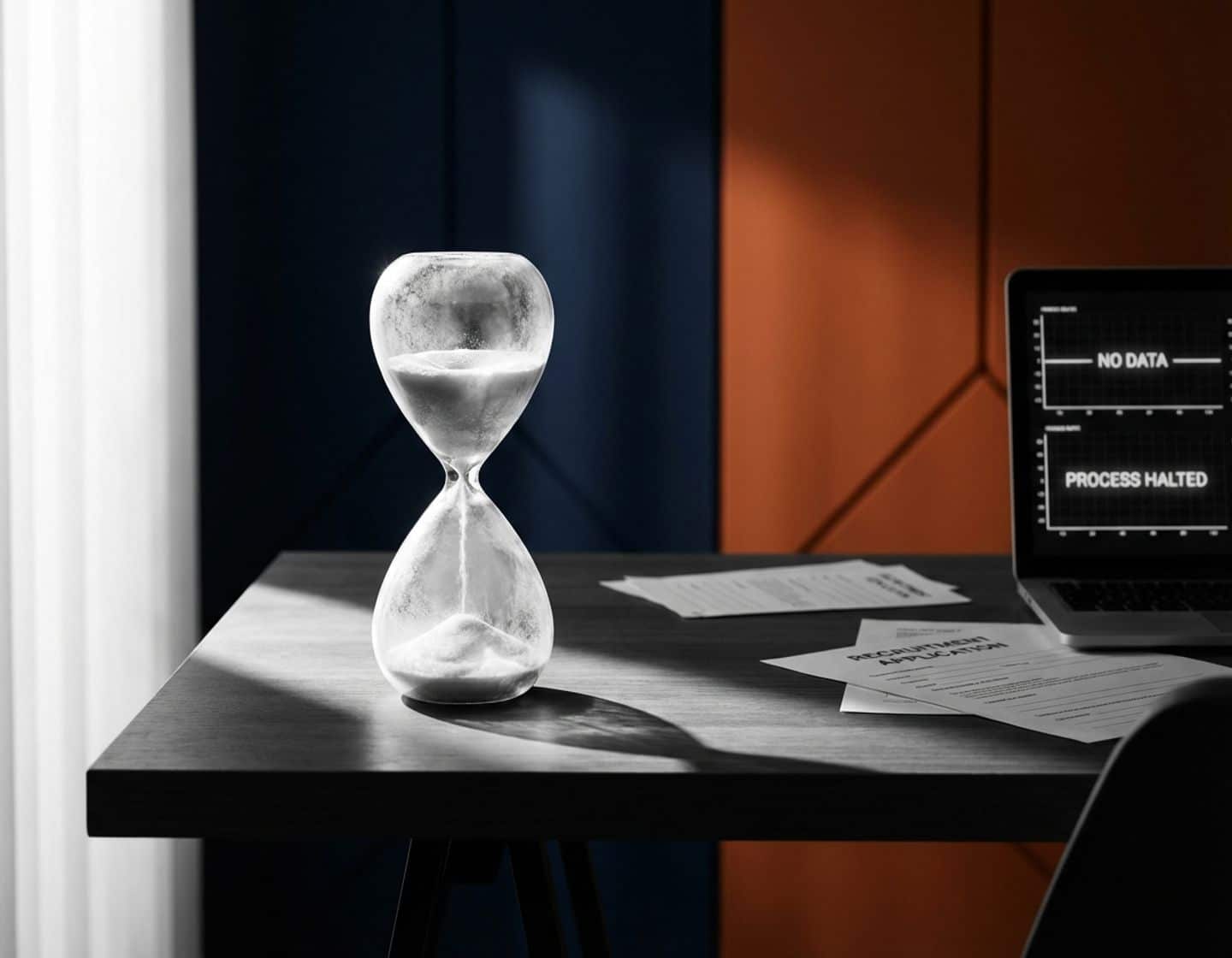 bevroren zandloper met zwevend zand op modern bureau met recruitment documenten en laptop met analytics grafieken