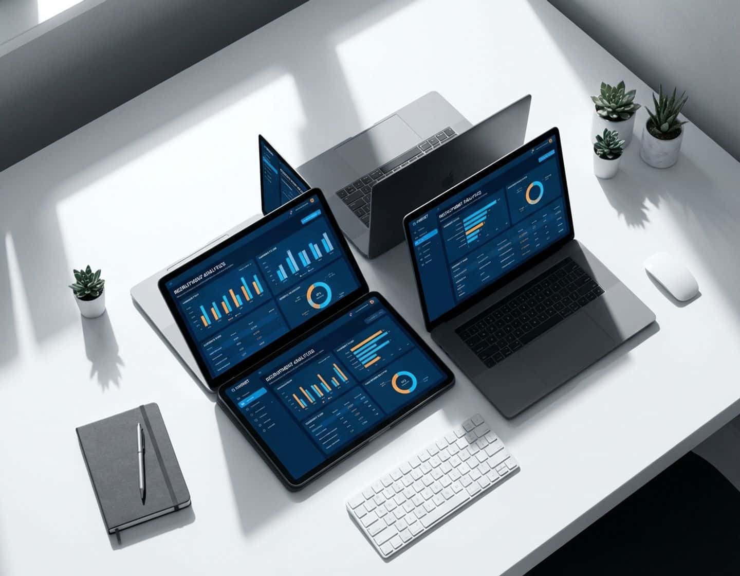 moderne werkplek met laptops die kleurrijke recruitmentdata tonen, gefotografeerd van bovenaf met geometrische schaduwen