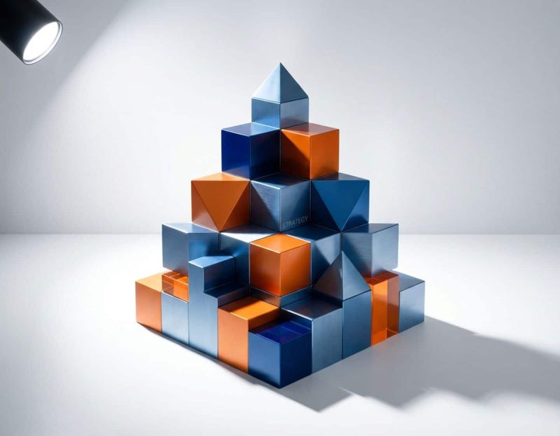 geometrische bouwblokken in blauw en oranje gerangschikt in oplopende formatie, symboliserend groei en strategische ontwikkeling