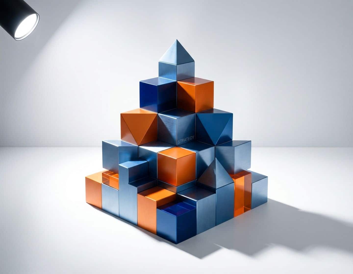geometrische bouwblokken in blauw en oranje gerangschikt in oplopende formatie, symboliserend groei en strategische ontwikkeling