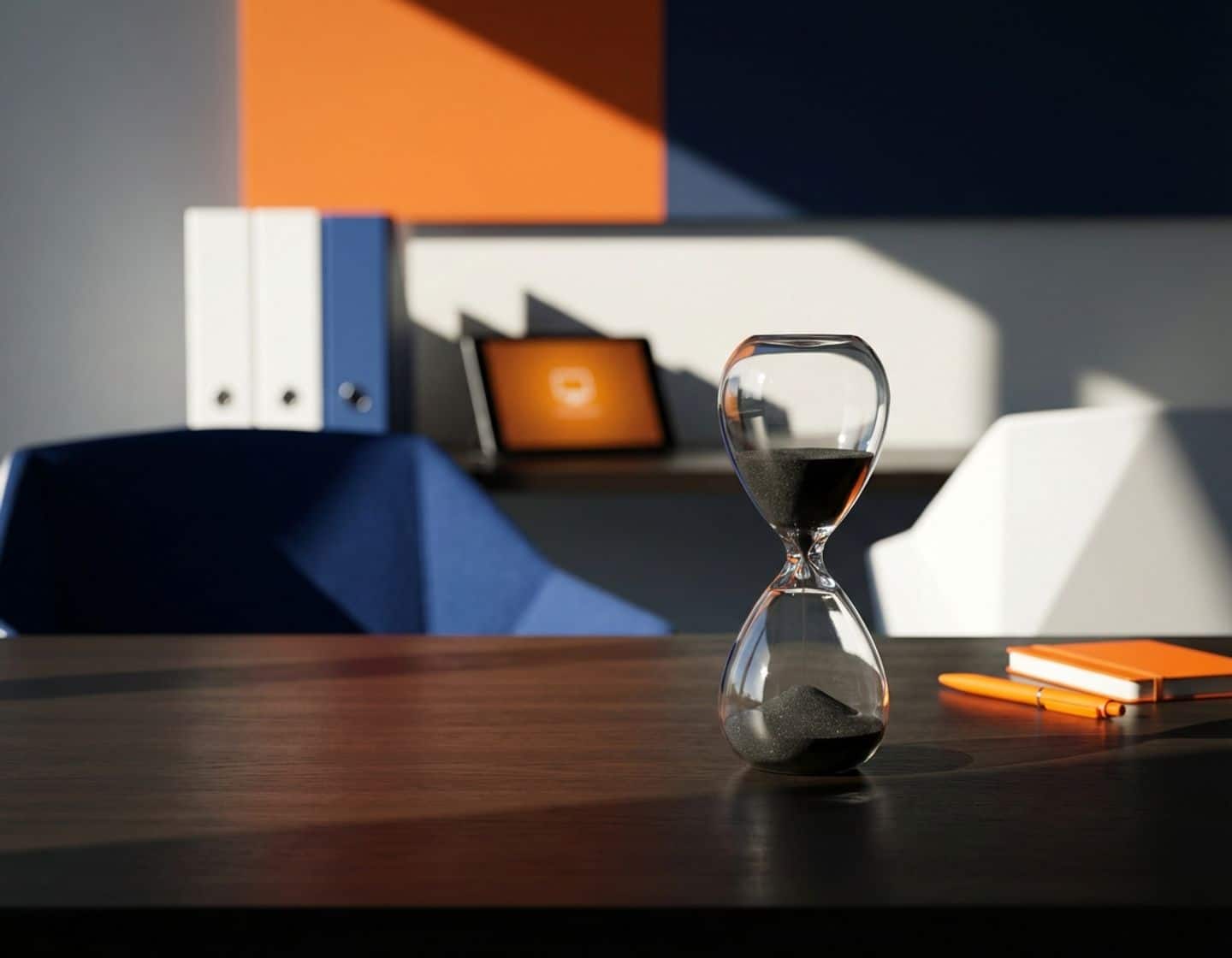 zandloper op modern bureau met dramatische belichting, symboliseert timemanagement in recruitment met blauwe en oranje accenten