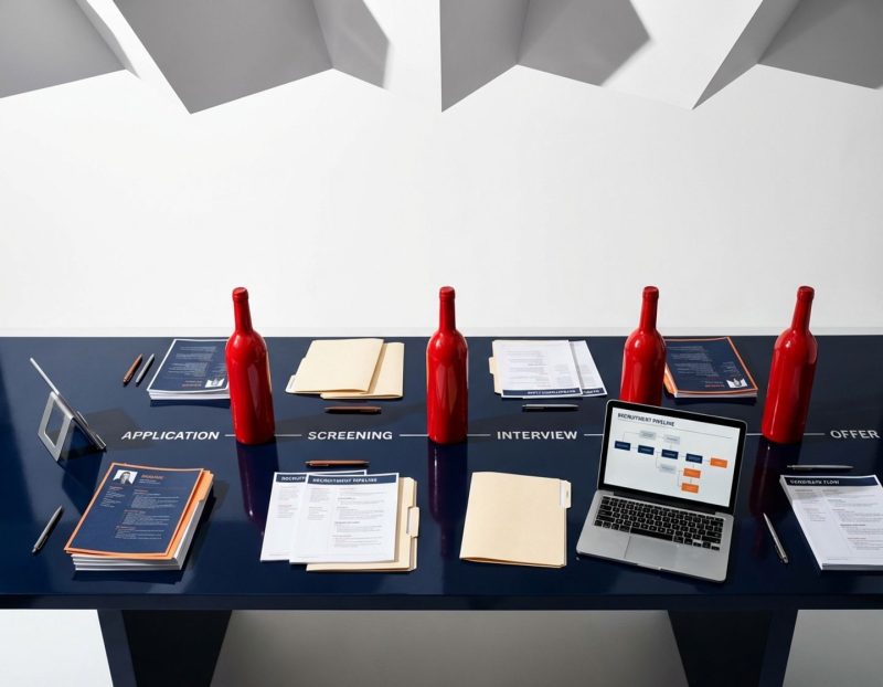 conferentietafel met wervingsdocumenten en laptop, rode knelpuntobjecten tonen workflow-obstakels in aanwervingsproces