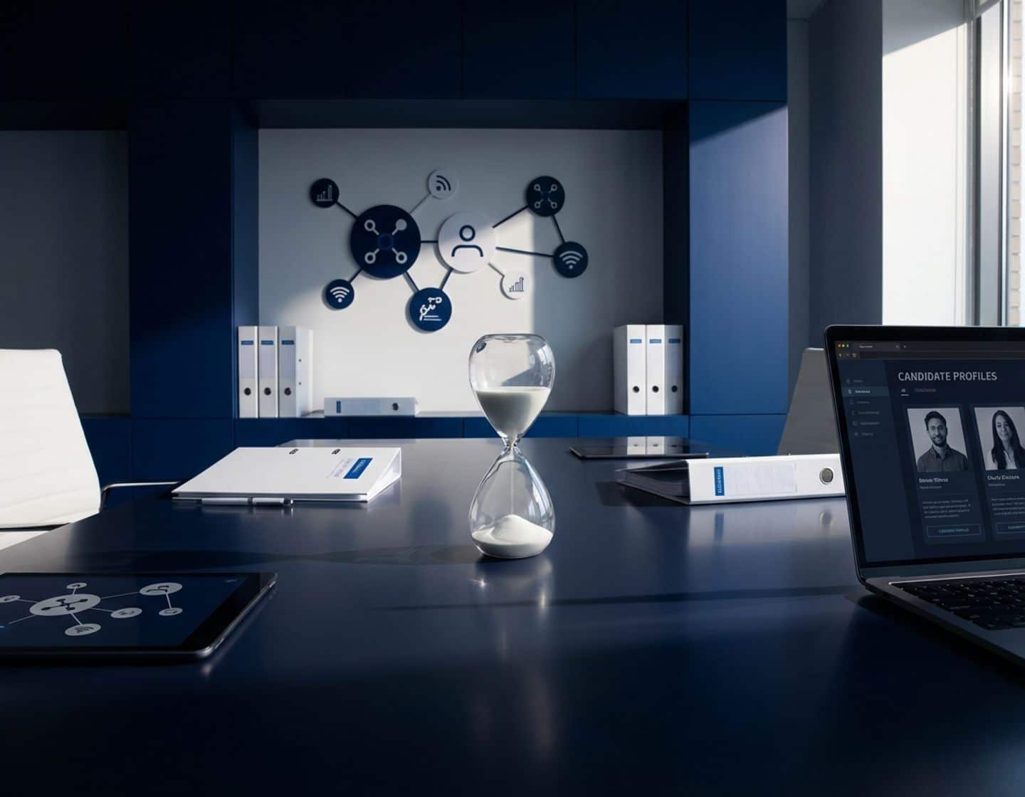 zandloper op moderne vergadertafel met laptop en recruitmentdocumenten in strak kantoor met dramatische belichting