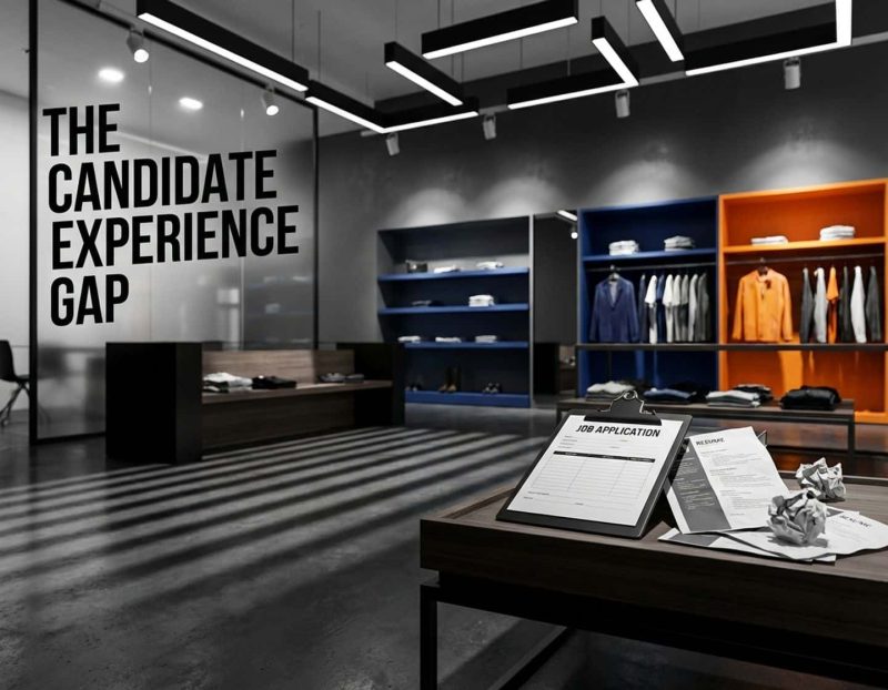 leeg sollicitatieformulier en cv's op tafel in moderne winkel met dramatische verlichting en geometrische schaduwen