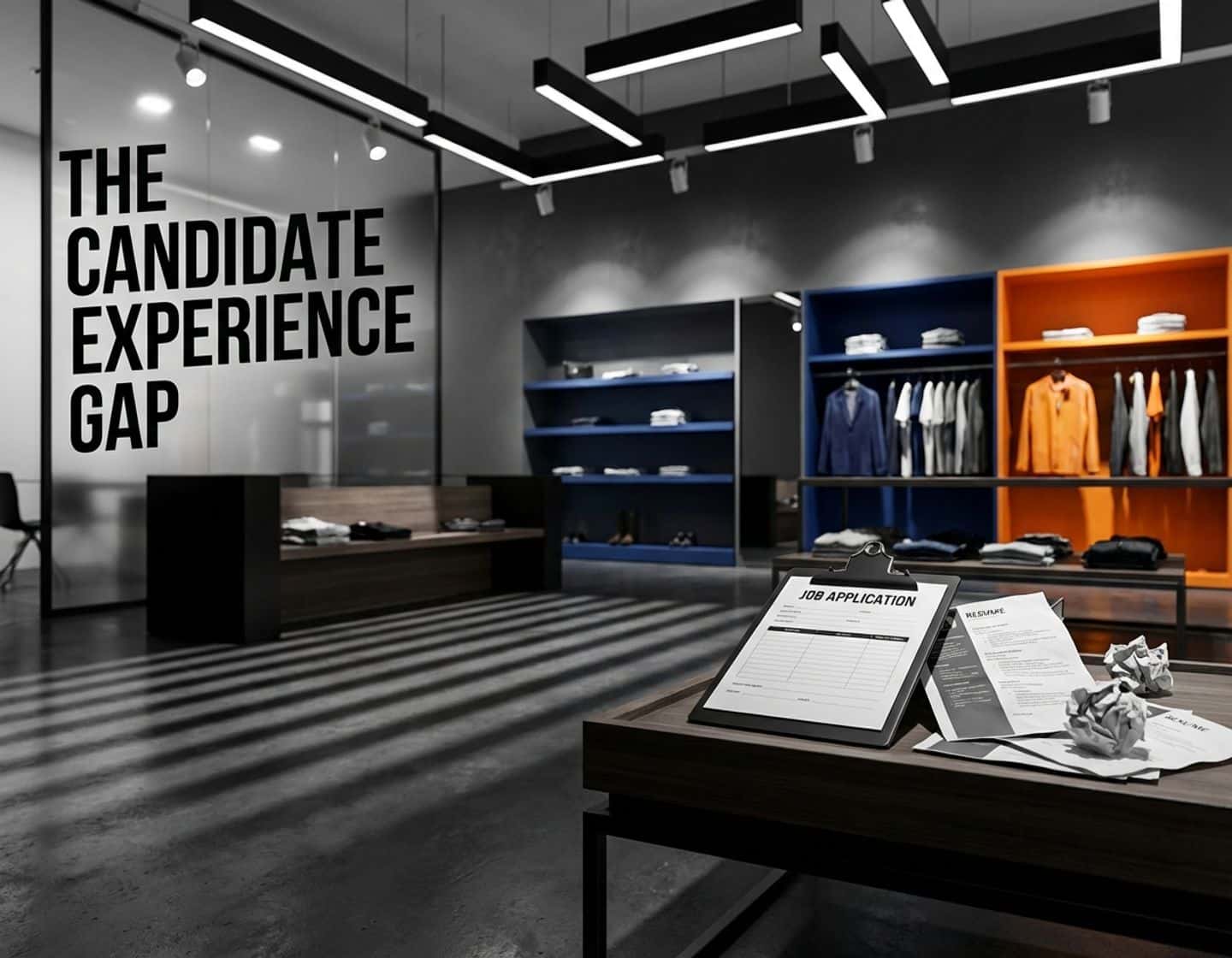 leeg sollicitatieformulier en cv's op tafel in moderne winkel met dramatische verlichting en geometrische schaduwen