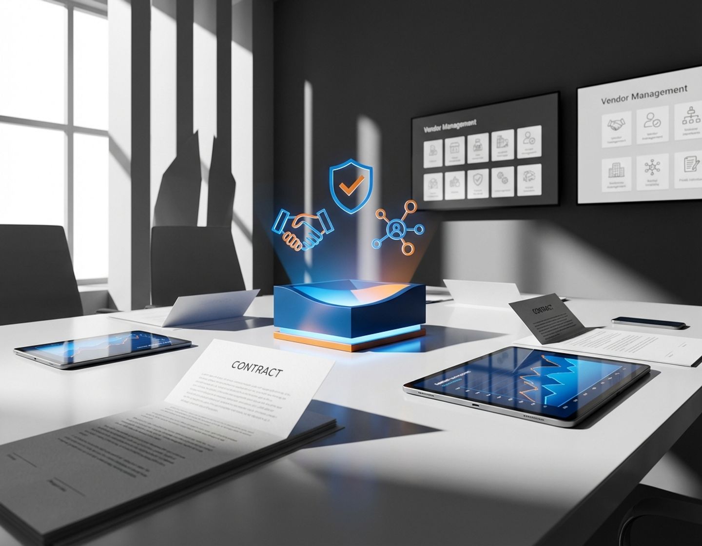 geometrische contractdocumenten en digitale interfaces met sla-symbolen in moderne corporate vormgeving met blauw-oranje accenten