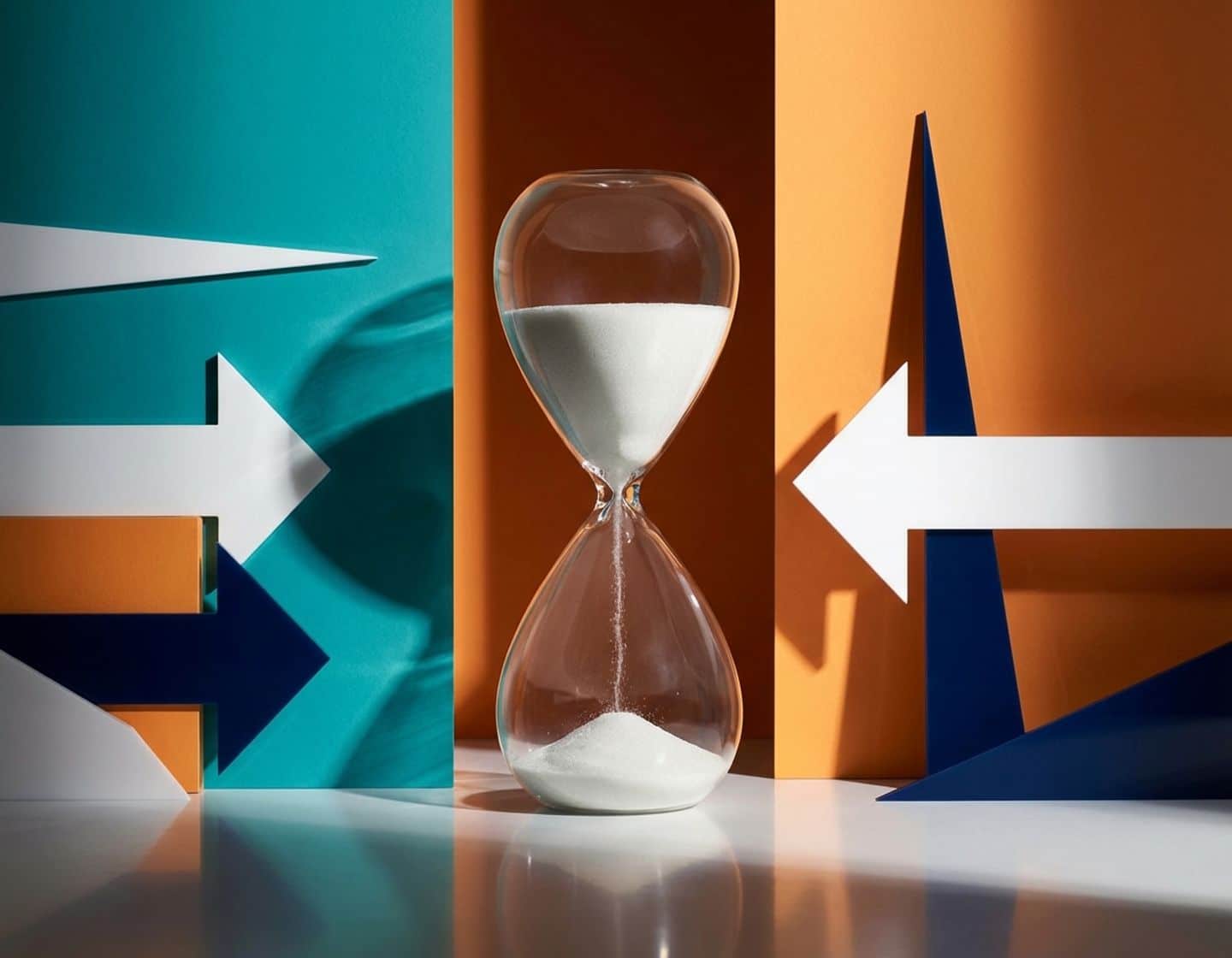 moderne zandloper met stromend zand omringd door geometrische vormen op levendige teal en oranje achtergrond