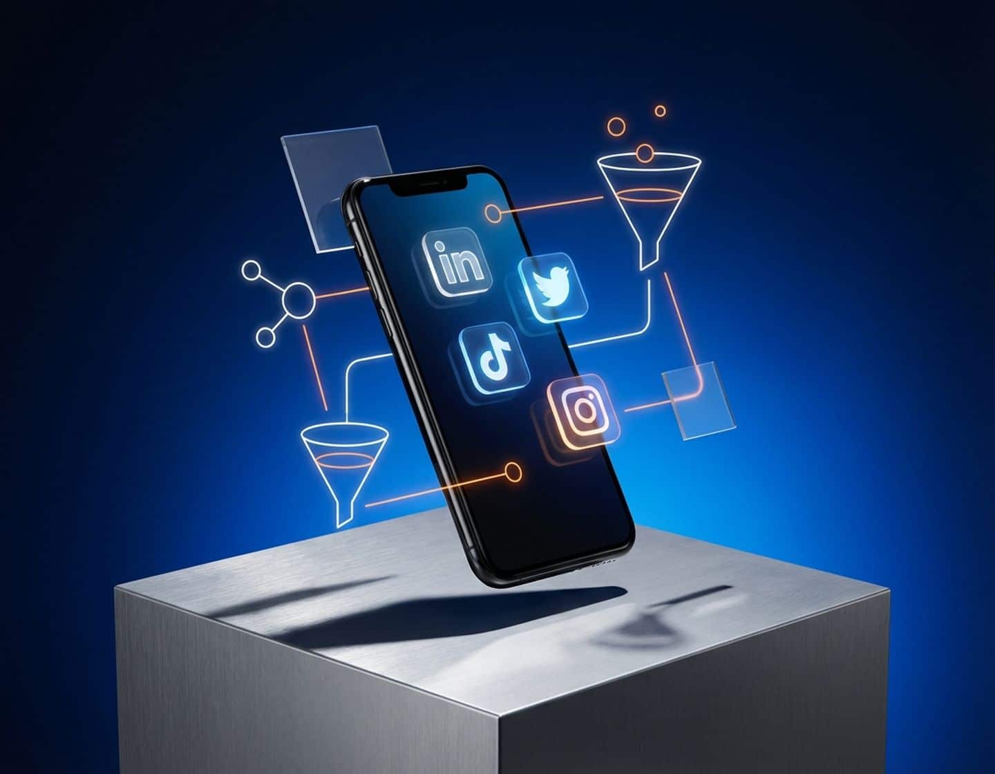 smartphone met zwevende linkedin, twitter en instagram iconen in 3d-ruimte met recruitmentnetwerk symbolen