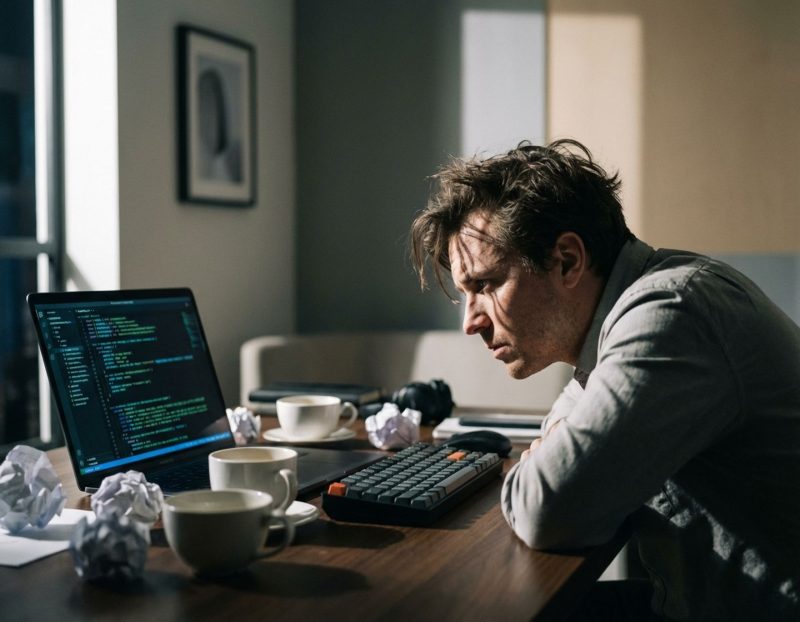 gefrustreerde software engineer achter laptop met code, omringd door lege koffiekopjes en verfrommeld papier op bureau