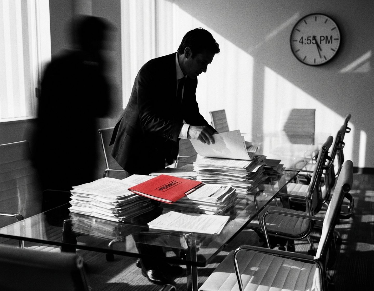 zakenprofessional in marineblauw pak bekijkt stapel cv's aan glazen bureau met lege stoelen op achtergrond