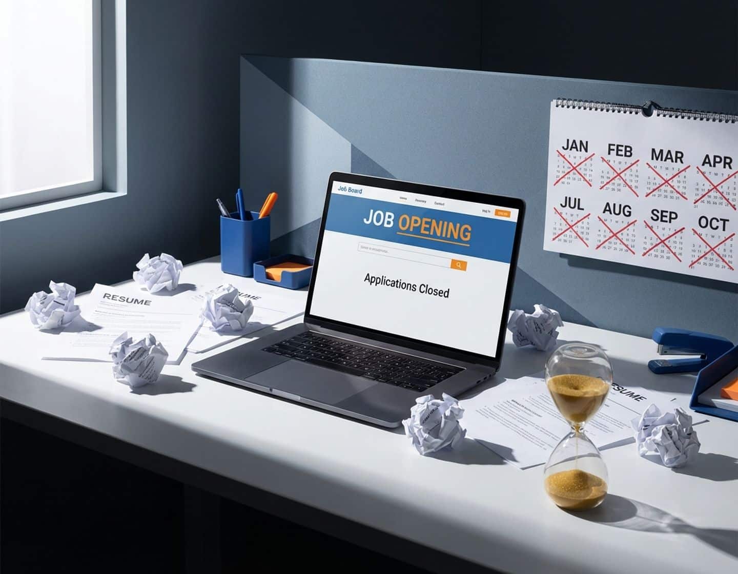 lege kantoorbureau met laptop met vacature-interface, verspreide cv's, kalender en bijna lege zandloper in modern kantoor