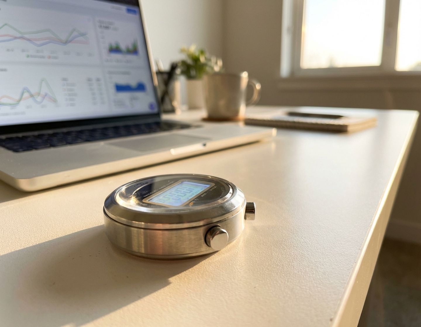 stopwatch op wit bureau naast laptop met analytische grafieken, gouden licht creëert dramatische schaduwen