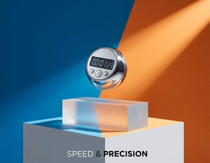 chrome stopwatch zweeft tegen blauwe en oranje gradiënt achtergrond met dramatische geometrische schaduwen op wit oppervlak