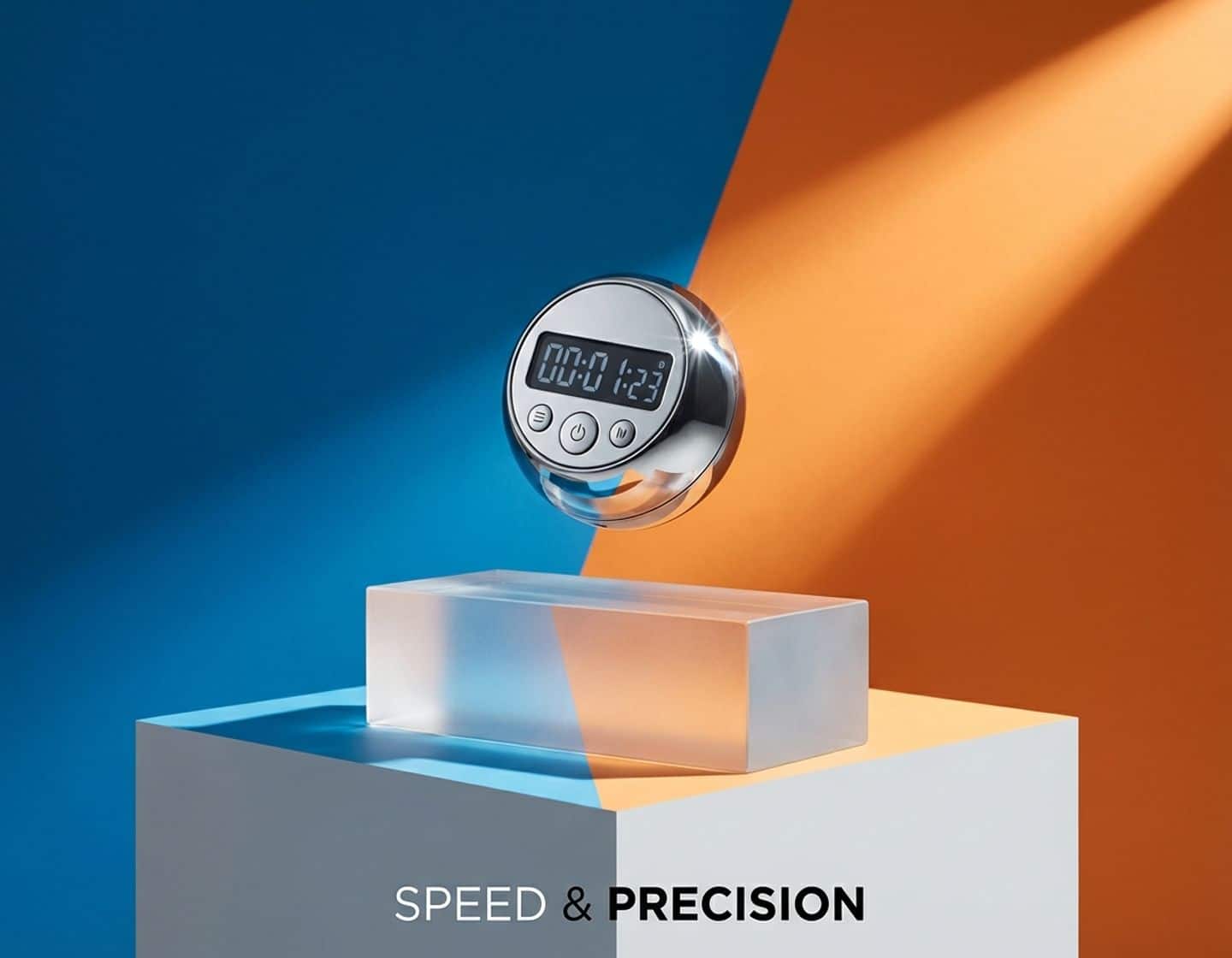 chrome stopwatch zweeft tegen blauwe en oranje gradiënt achtergrond met dramatische geometrische schaduwen op wit oppervlak