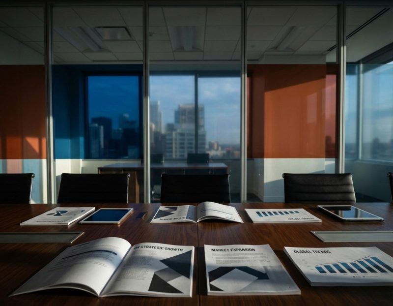strategische documenten en groeigrafiekjes op vergadertafel in modern kantoor met oranje en blauwe kleuraccenten