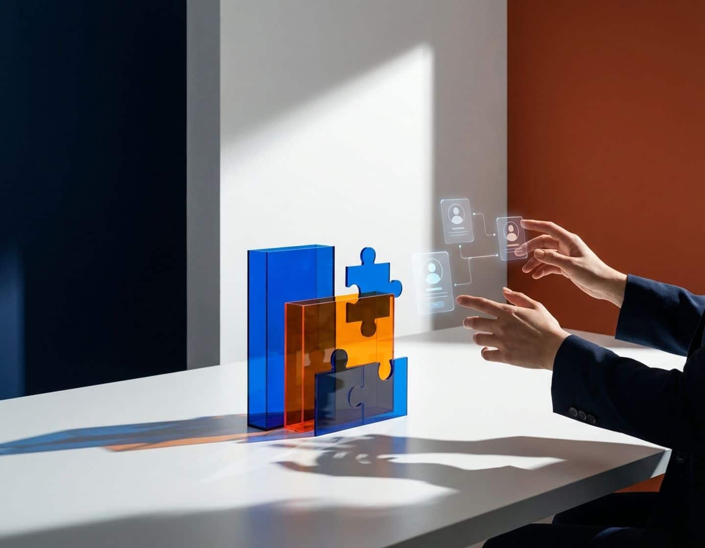 moderne kantooromgeving met geometrische vormen in blauw en oranje die talentwerving symboliseren, professionele handen