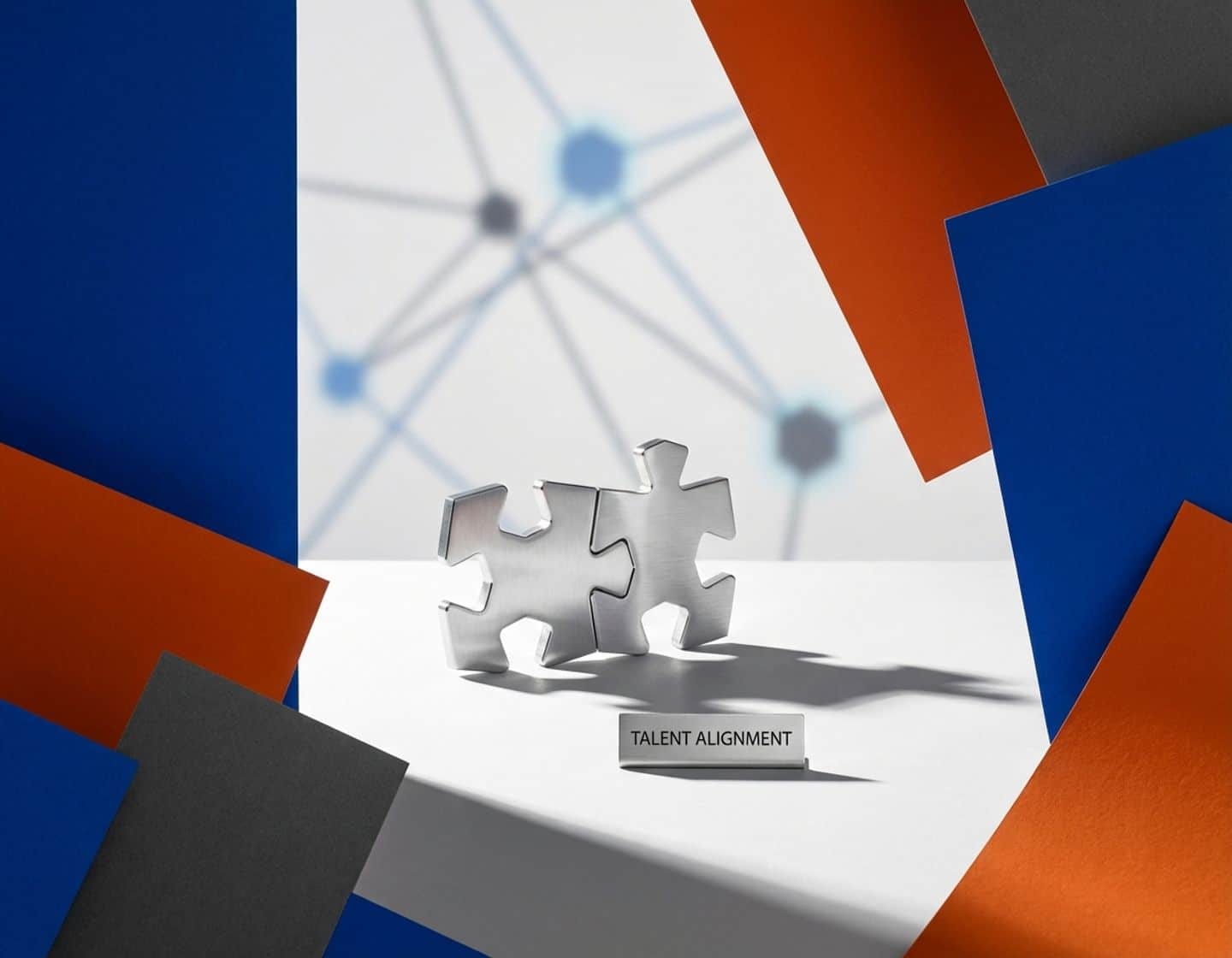 metalen puzzelstukjes die naadloos verbinden op witte achtergrond met blauwe en oranje geometrische vormen, symboliseert talent alignment