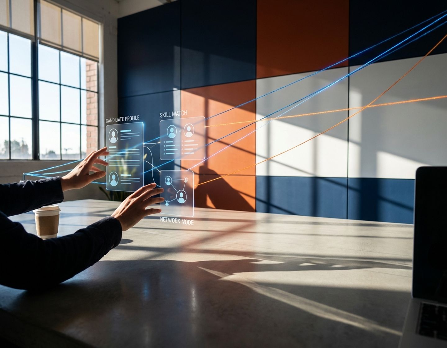 handen reiken naar zwevende digitale profielen in modern kantoor met oranje en blauwe accenten voor recruitment