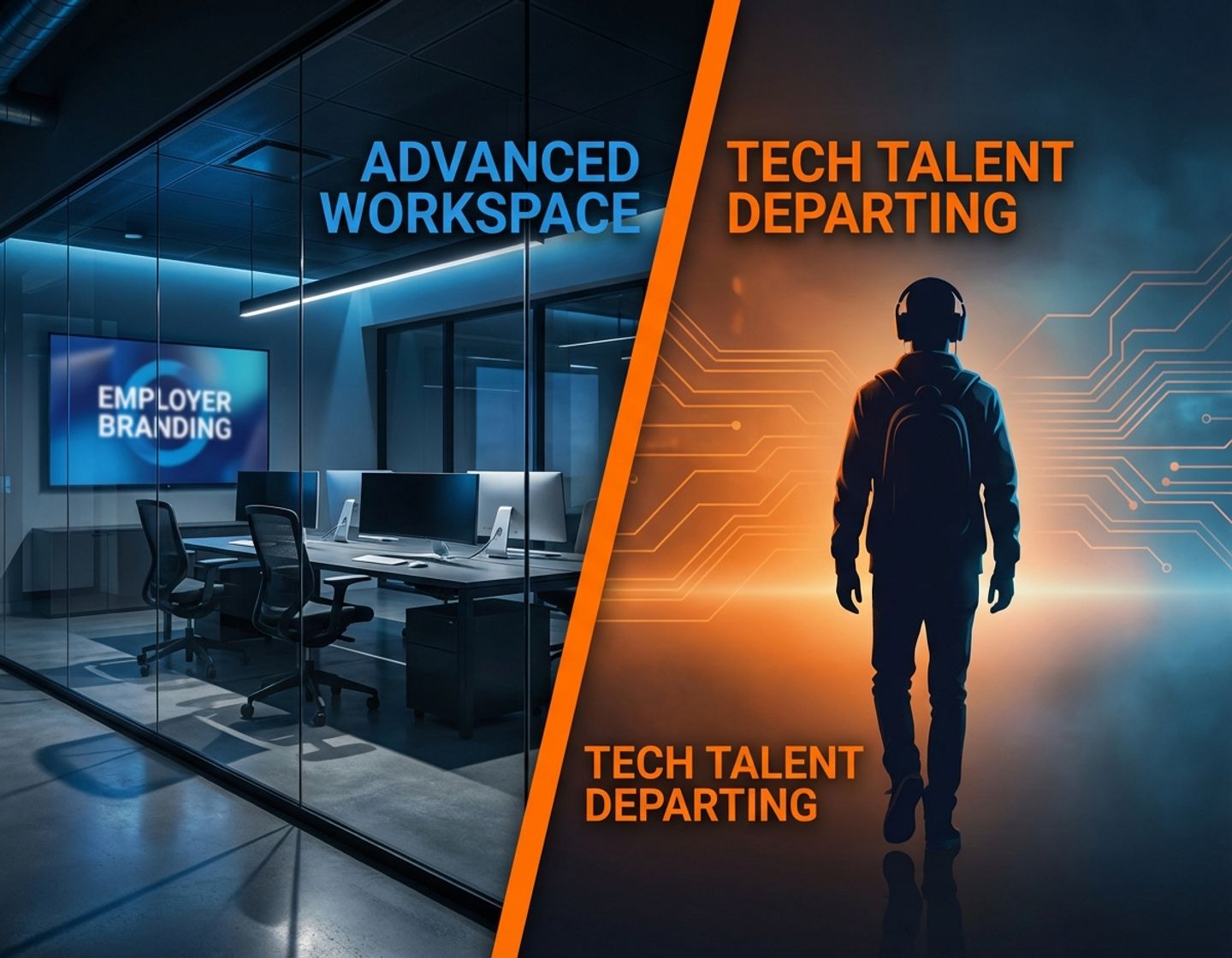 moderne kantoorruimte met lege stoelen tegenover weglopen silhouet van tech talent, benadrukt disconnect in recruitment