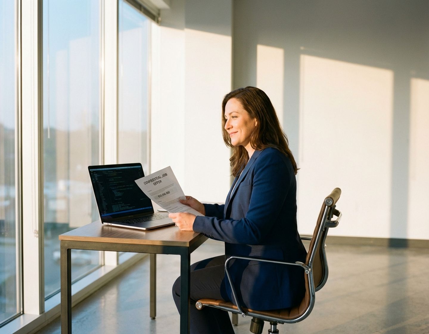 zelfverzekerde tech professional in marineblauw jasje bekijkt baanaanbod aan modern bureau met laptop vol code