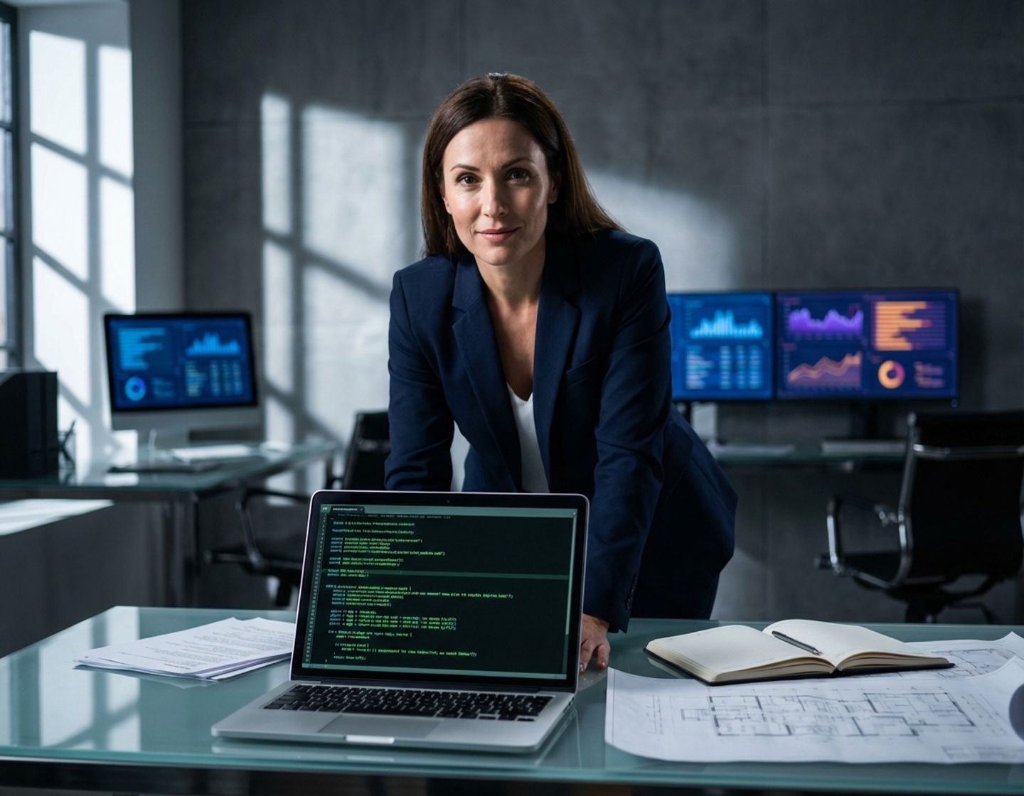 zelfverzekerde tech professional in blazer bekijkt code op laptop tussen cv's en documentatie op moderne glazen bureau