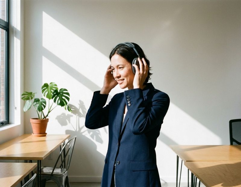 zelfverzekerde tech professional past draadloze koptelefoon aan in modern minimalistisch kantoor met geometrisch meubilair