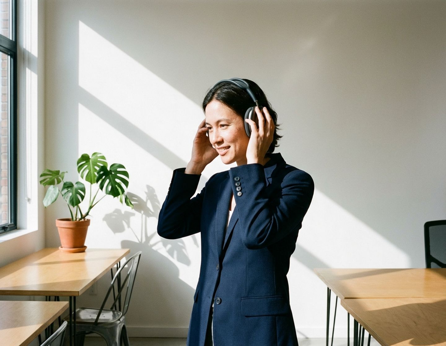 zelfverzekerde tech professional past draadloze koptelefoon aan in modern minimalistisch kantoor met geometrisch meubilair