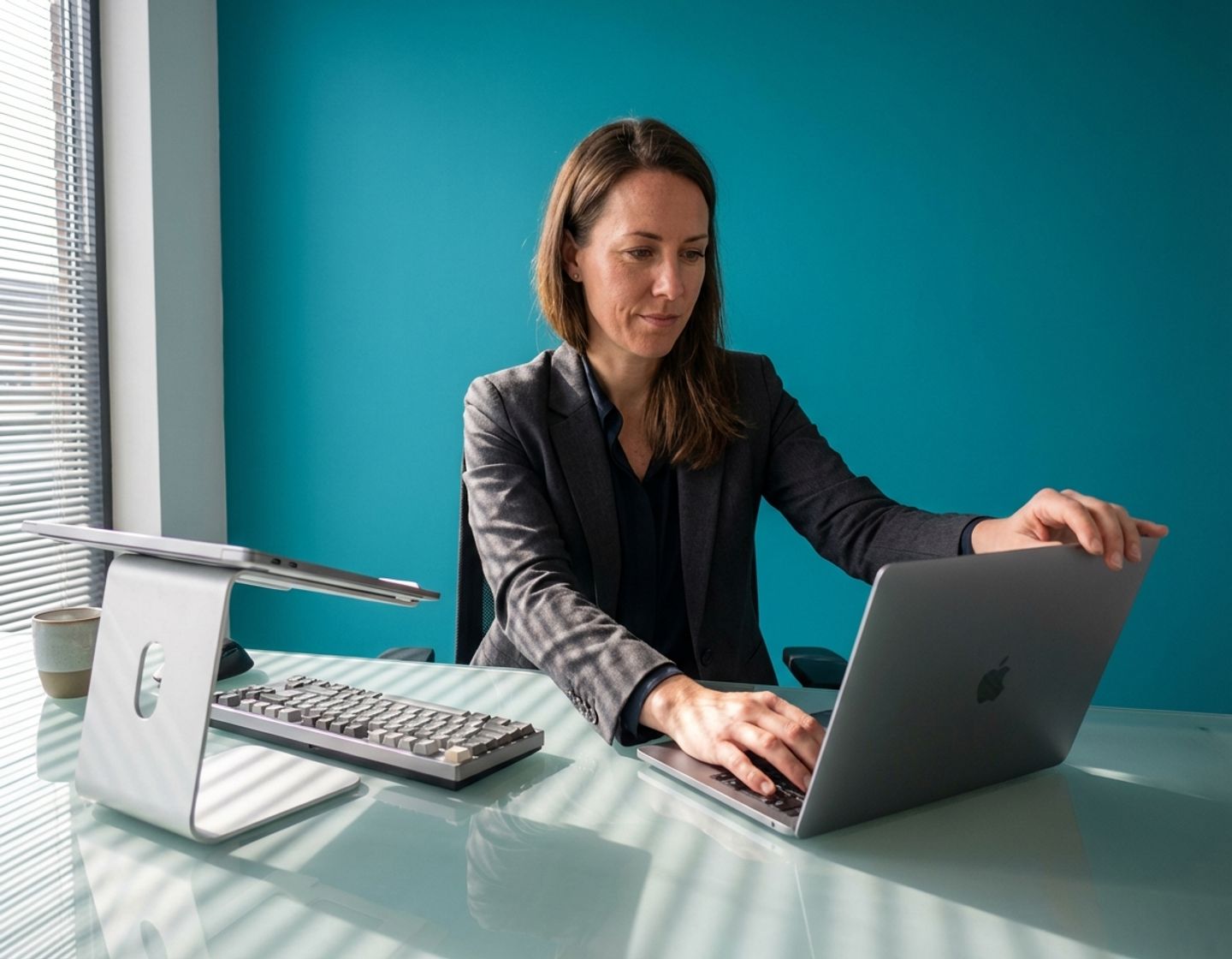 zelfverzekerde tech professional past laptop aan op moderne glazen bureau in hedendaagse kantooromgeving