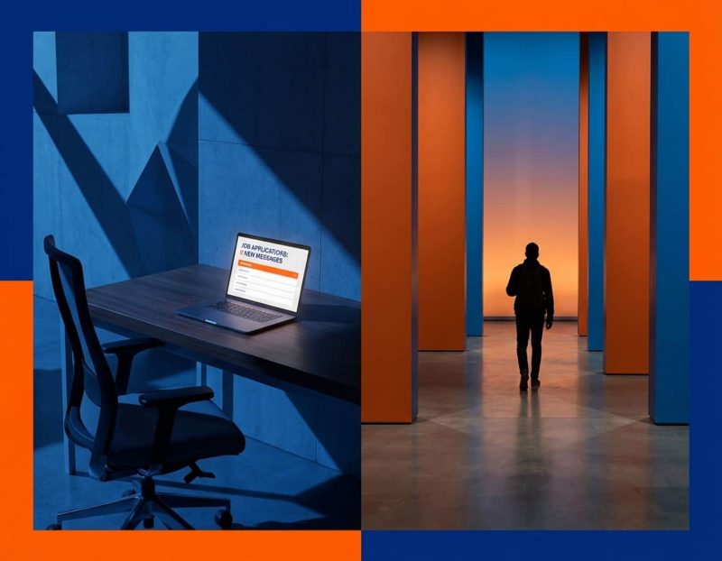 lege kantoorstoel bij bureau met laptop vol onbeantwoorde sollicitaties, tech professional loopt weg op achtergrond