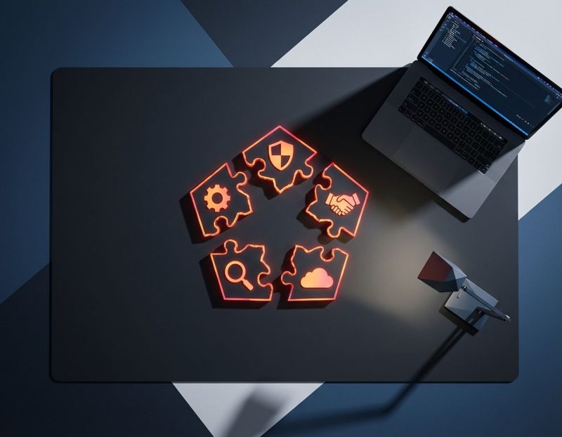 moderne bureauopstelling met vijf oranje waarschuwingssymbolen rond laptop met code, dramatische belichting op donkere achtergrond