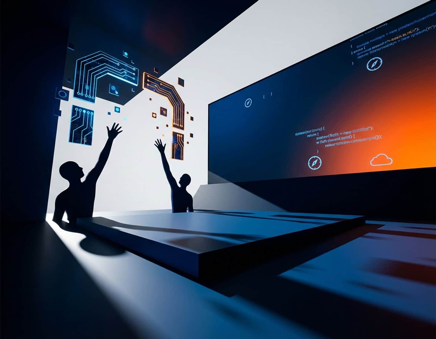 moderne technologie elementen met gloeiende circuitboards en code tegen blauw-oranje gradiënt achtergrond