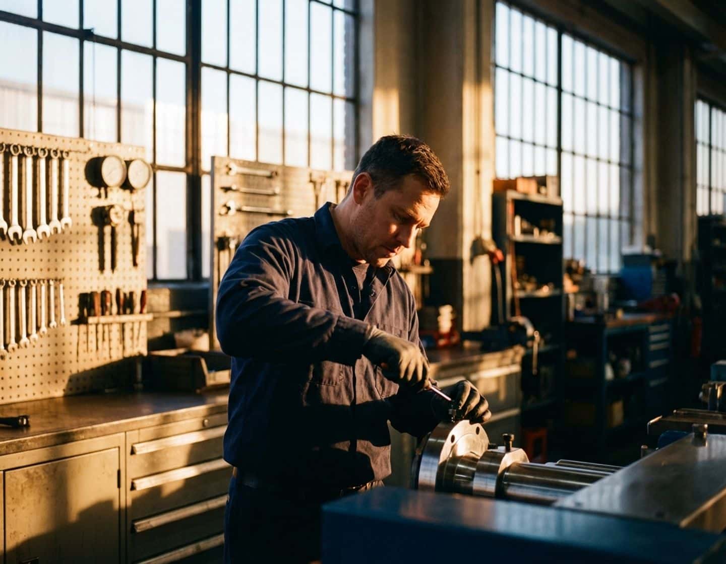 technicus in marineblauw werkhemd past precisiemachines aan in moderne werkplaats met gereedschapswanden