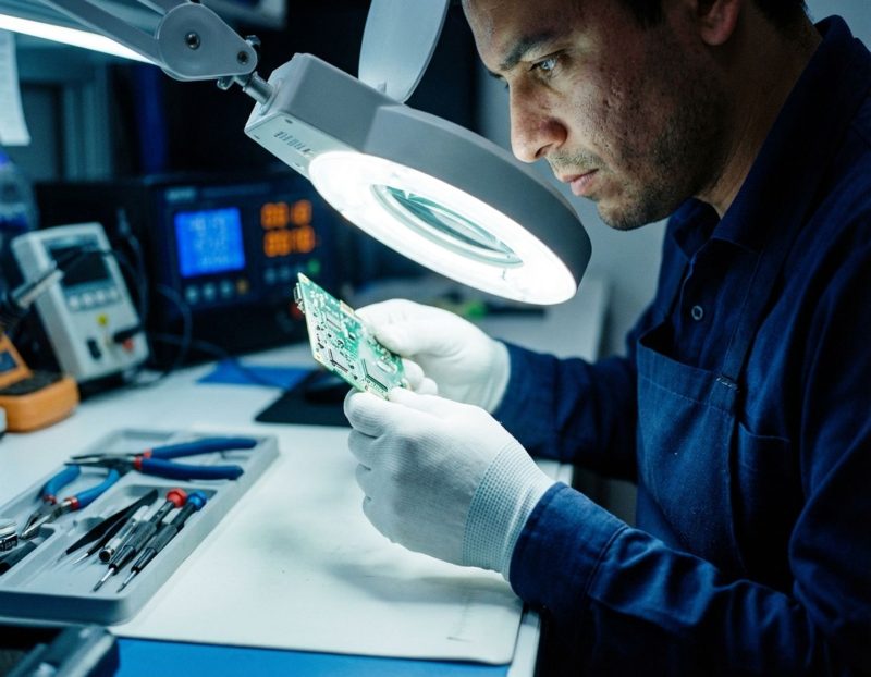 technicus onderzoekt printplaat onder led-vergrootlamp op witte werkbank met gereedschap