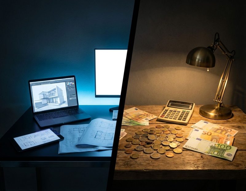 gesplitst scherm toont moderne kantoorwerkplek met technologie links, euromunten en bankbiljetten rechts