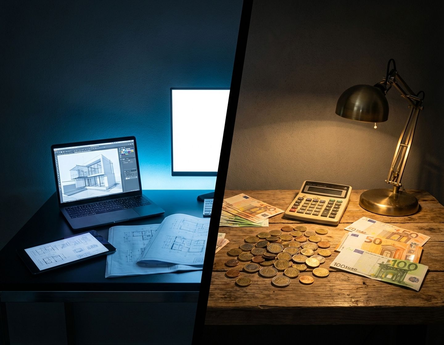 gesplitst scherm toont moderne kantoorwerkplek met technologie links, euromunten en bankbiljetten rechts