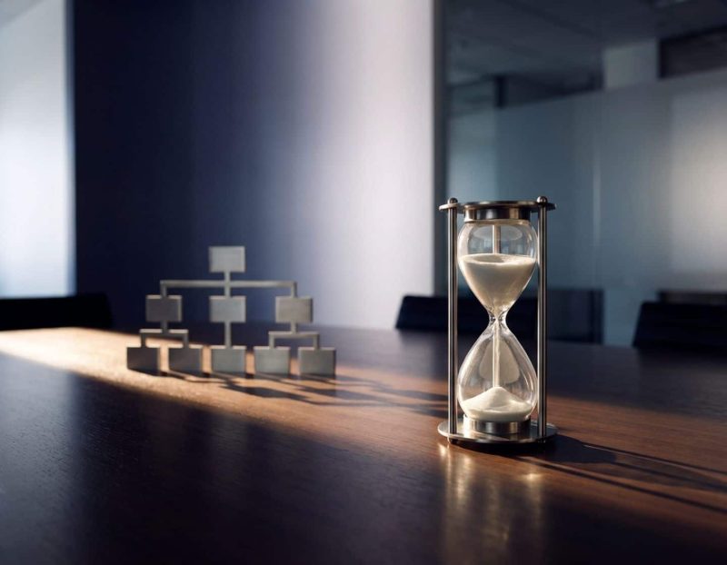 zandloper naast geometrisch organigram op vergadertafel in modern kantoor met dramatische belichting