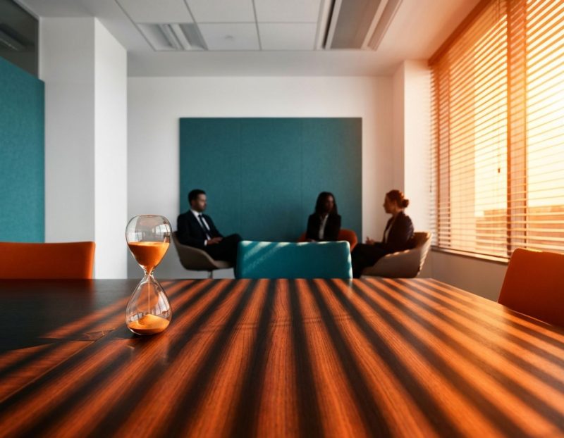 zandloper op vergadertafel in modern kantoor met dramatische belichting en zakelijke professionals op achtergrond