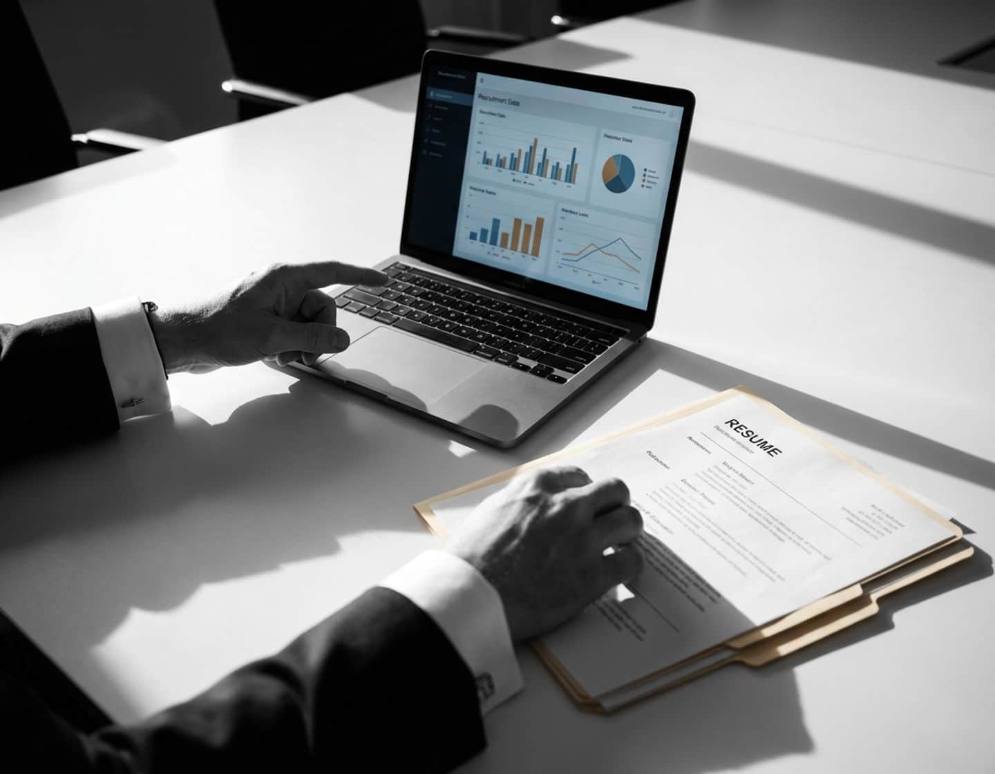 professionele handen vergelijken digitale recruitment analytics op laptop met traditionele papieren cv's op vergadertafel