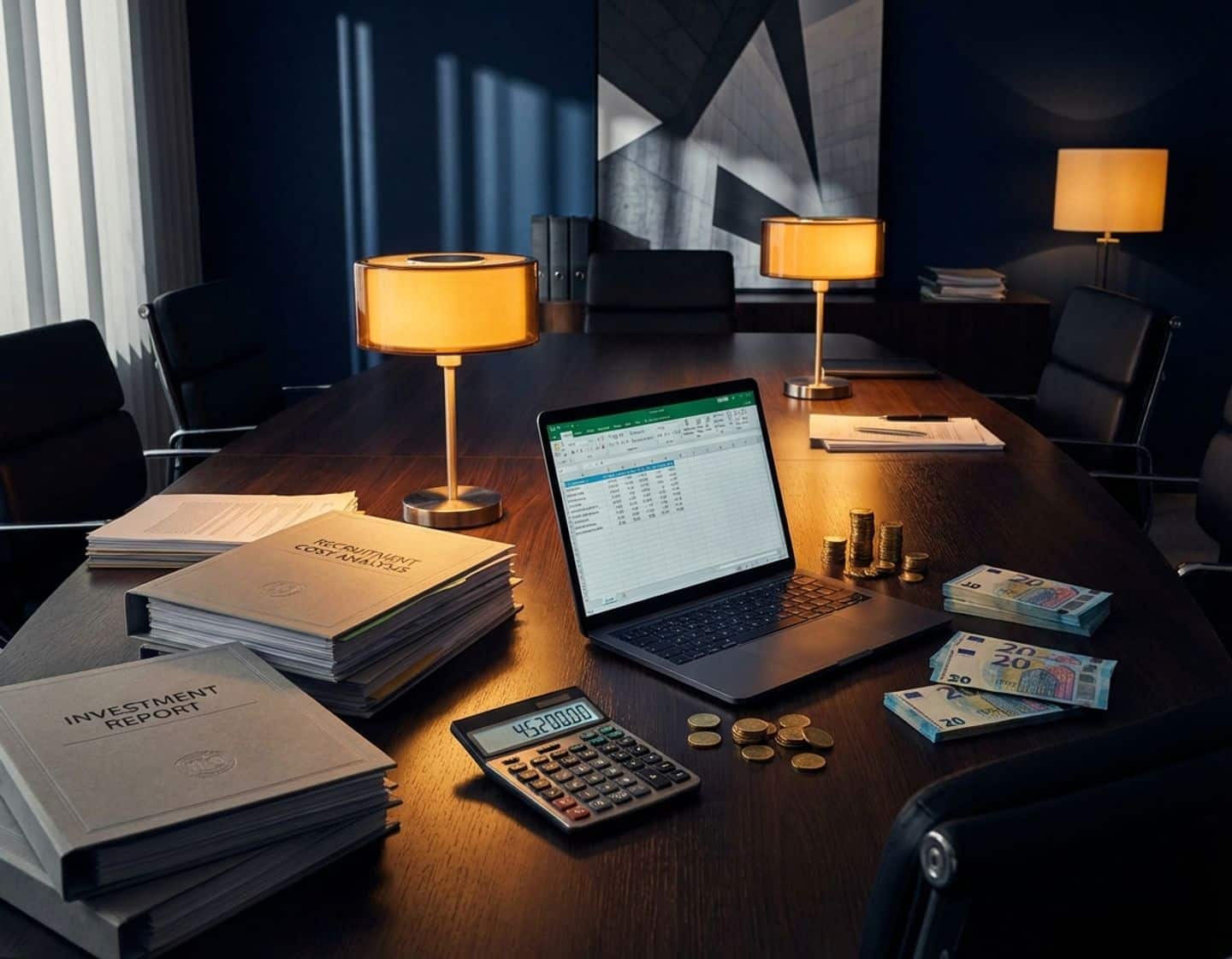 kantoorscène met laptop, rekenmachine, euro bankbiljetten en gouden munten op conferentietafel, dramatische verlichting